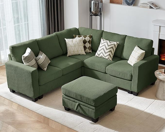 CHIC HOUSE Modular Sectional Couch| Corduroy L Shaped Sleeper Sofa U-Shape Sofa Bed Convertible Chaise with Storage Ottoman for Living Room Modern Furniture (Green 6 Seater L-Shaped)