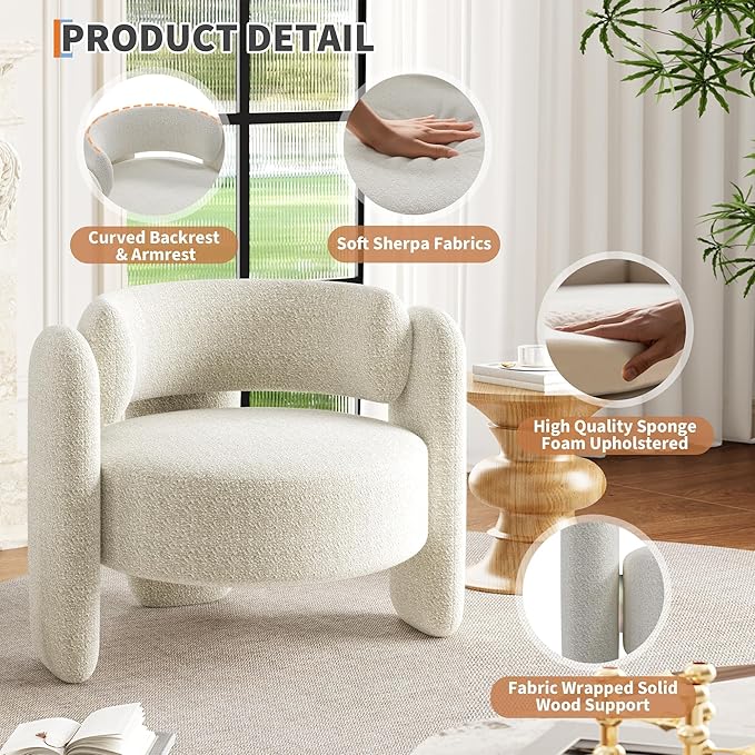 Modern Boucle Swivel Accent Chair Oversized Barrel Round Lounge Chair Mid-Century Open Back Armchair Cozy Sherpa Chair for Living Room Bedroom Office Cafe Reading Nook White