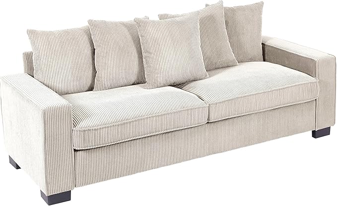 Luxe Corduroy Sofa with 5 Matching Toss Pillows Sleek Design Spacious and Comfortable 3 Seater Couch for Modern Living Room Large Ivory
