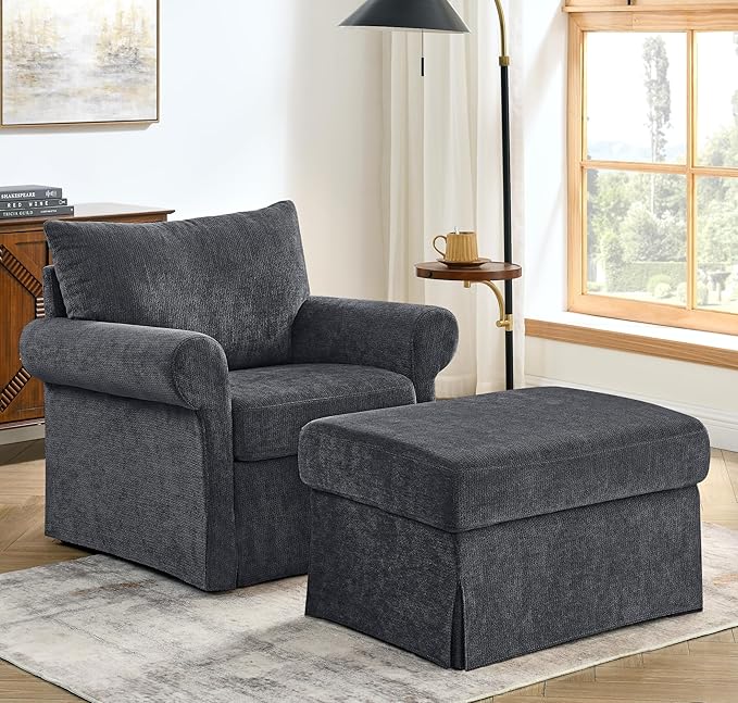 35.82 Accent Chair with Ottoman SetUpholstered Living Room Chairs for Reading Chair with Chaise Lounge Chairs Indoor Comfortable Armchair for Bedroom (Gray 35.82)