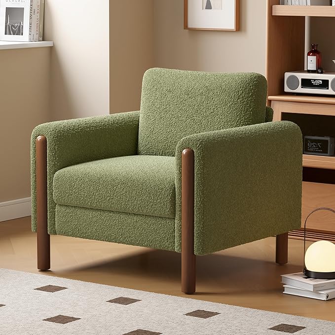 Oversized Accent Chair Upholstered Living Room Chairs Single Sofa Chair with Walnut Legs Curved handrail Green