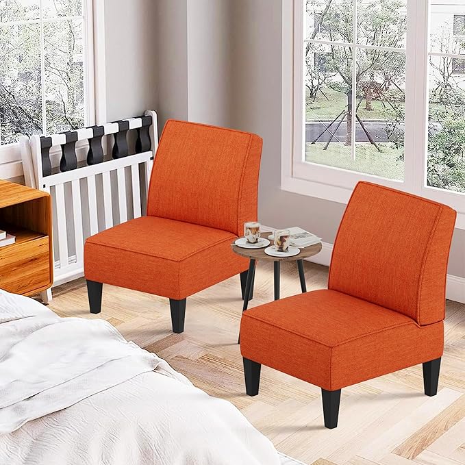 ALISH Upholstered Living Room Chairs Set of 2 Armless Side Accent Bedroom Chairs with Curved Backrest and Wooden Legs Orange Orange