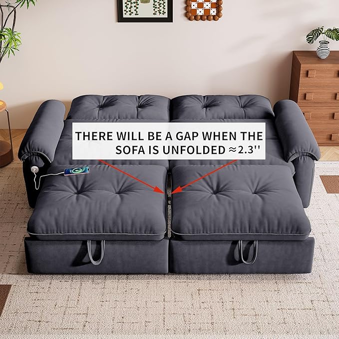 77 Queen Size Sofa Bed Loveseat Sleeper Sofa with Pull Out Bed Pockets and USB Velvet Fabric 2 Seater Convertible Small Couch for Living Room Bedroom Apartment Grey