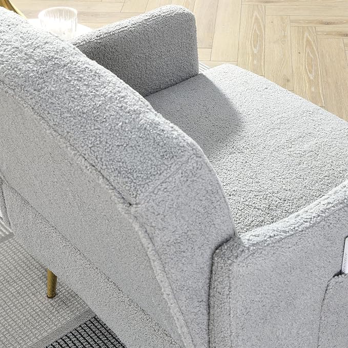 Generic 30 W Modern Chesterfield Tufted Upholstered Chair with Deep Buttons Living Room Chair Comfortable Armchair Gold Hardware Legs Tufted Chair for Reading or Relaxing Grey Teddy