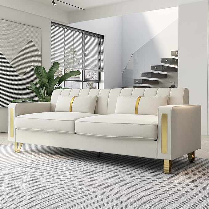 Modern Velvet Loveseat Sectional Sofa with Gold Legs 86 Large Beige Upholstered Deep Seat Chaise for 3-4 Persons Living Room Office Apartment