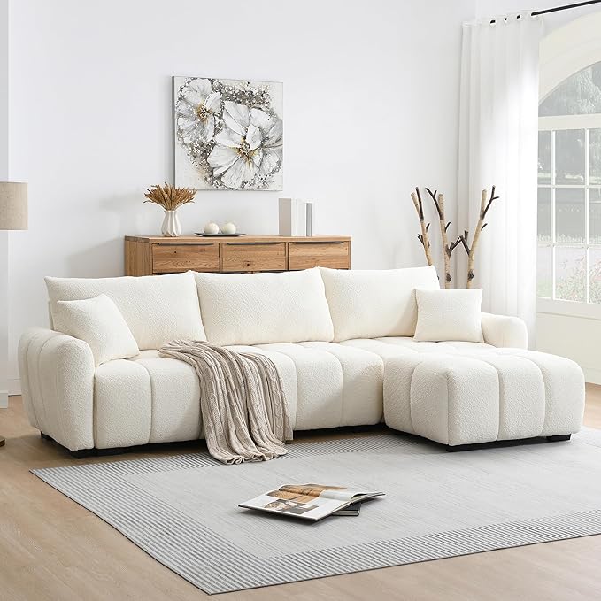 110 Modular Sectional Sofa L Shape with Extra-Large Seat Pull-line Design Movable Ottoman High Density Foam Free Combination Sturdy Metal&ampWood Frame Boucle Fabric Beige