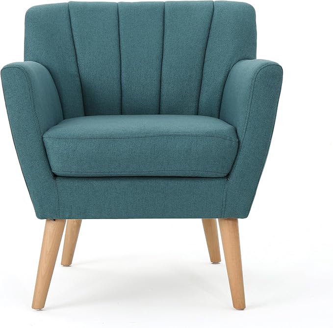 Mid-Century Accent Chairs Modern Upholstered Living Room Chair Cozy Armchair with Wood Legs for Bedroom/Office/Cafe/Living Room (Teal + Linen)