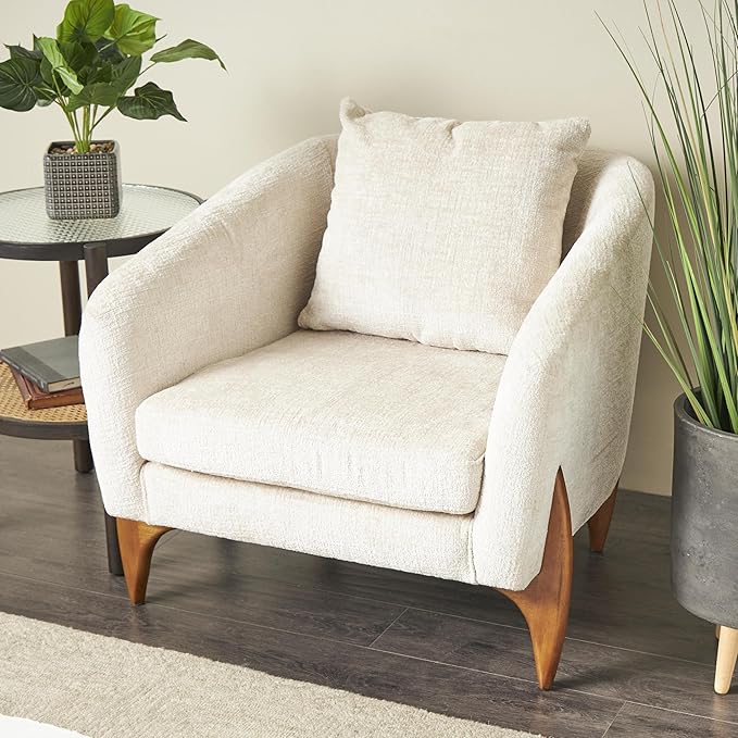 Deco 79 Polyester Living Room Accent Chair Rounded Boucle Side Chair with Brown Wooden Legs and Matching Pillow Corner Chair 32 x 32 x 31 White