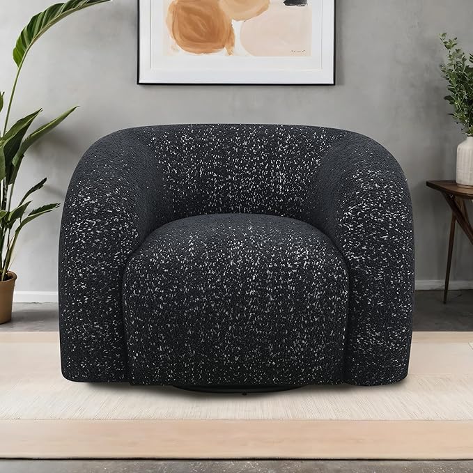 Furniture of America Araina Modern Boucle 37.4-inch Swivel Chair with 360-degree Swivel Base Sculptural Pillow-Like Silhouette for Living Room Office Black