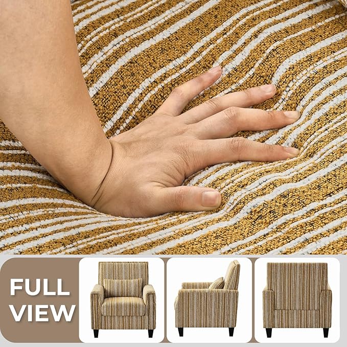 Stripes Accent Chair Modern Upholstered Boucle Fabric Armchair Single Sofa with Wood Legs for Living Room Patio Yellow Stripes.