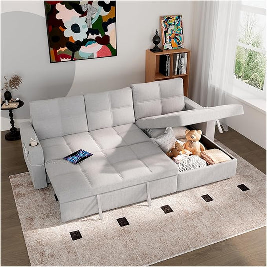 85 Sectional Sofa Couch Sleeper Sofa Bed with Reversible Storage Chaise Pull Out Couch for Living Room with Side Pocket Charging Station Linen Fabric Grey