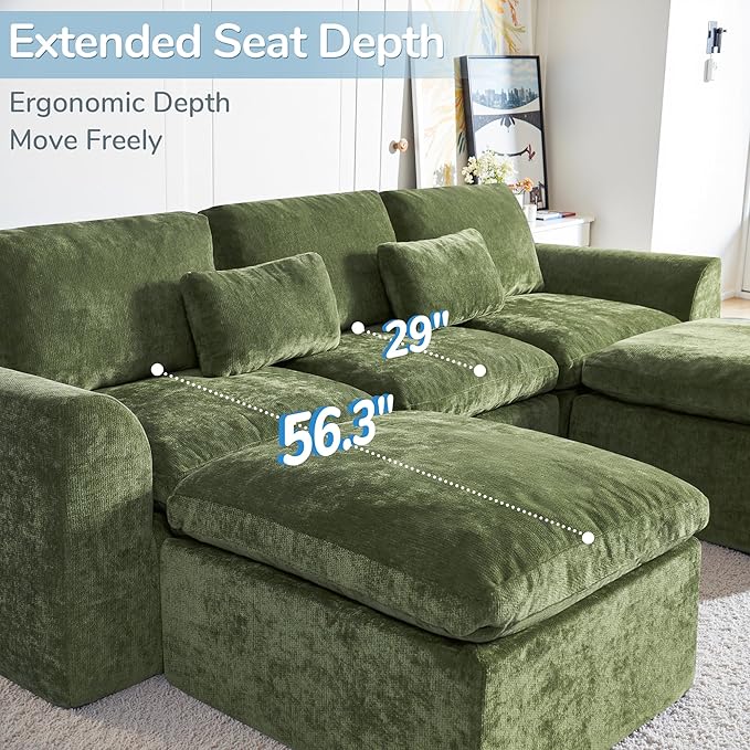 Modern Sectional Cloud Couch - 120'' Soft Modular Sectional Sofa – No Assembly Required - Deep Seat Couches with 2 Movable Ottomans - Oversized Chenille Sofa for Living Room - Green