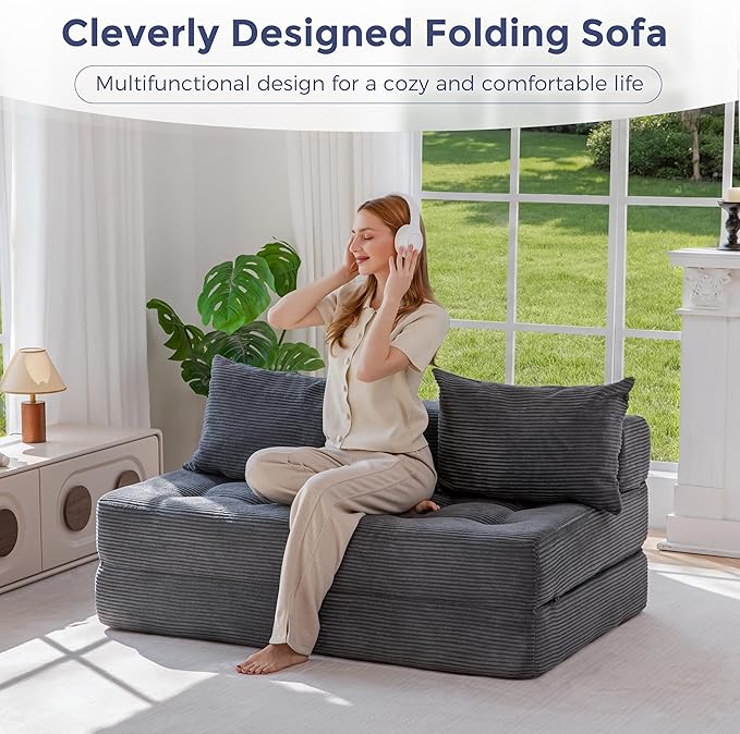 MAXYOYO Folding Sofa Couch Convertible Floor Sleeper Couch with 2 Pillows Tufted Floor Loveseat Couch Tufted Fold Out Chair Bed Comfy Sofa Lounge for Living Room Bedroom Dark Grey