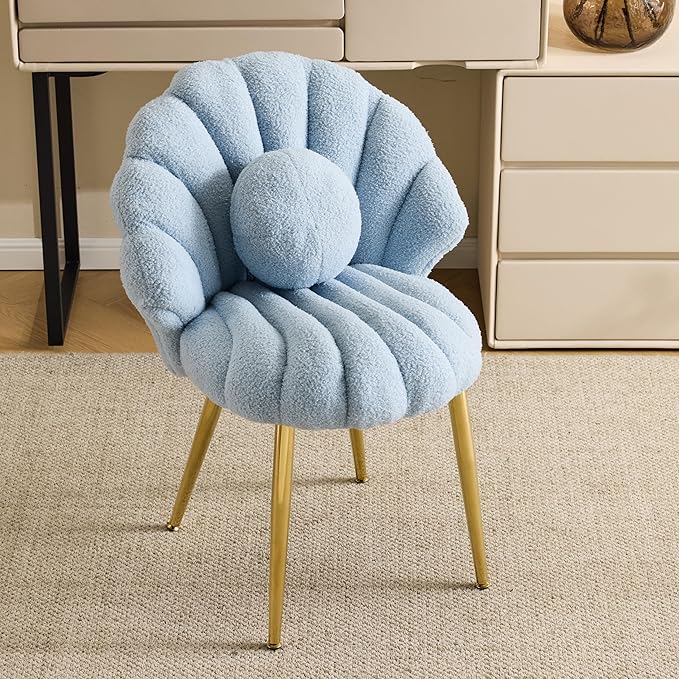 VINGLI Shell-Shaped Teddy Fleece Accent Vanity Chair with BackComfy Blue and Gold Desk Chair No WheelsCute Small Pearl Deco PillowGift for Girls/Womenfor MakeupOfficeDiningNailSewingBedroom
