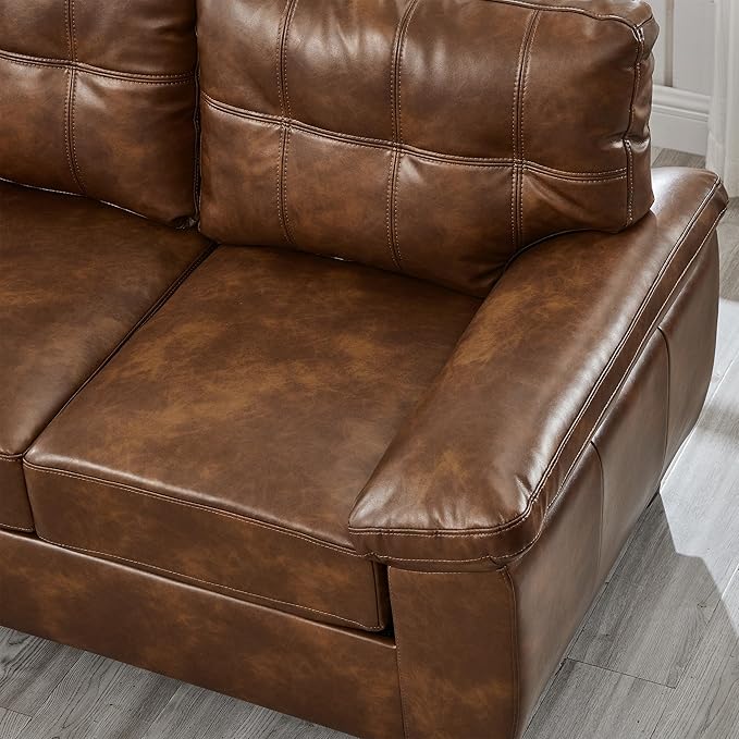 2 Piece Brown Leather Sofa Set with Storage Mid-Century Modern Tufted Retro Vintage Faux Leather Couch and Loveseat Living Room Sets Comfy Cloud Upholstered Furniture(Brown 2+3 Seater Couch Set)