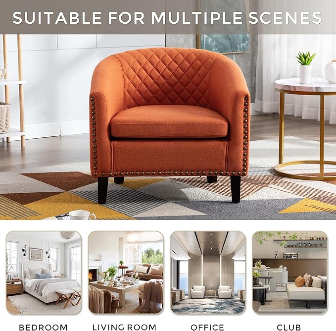 Artificial leather sofa chair barrel-shaped armchair side chair nail head decoration and diamond net backrest suitable for living room bedroom waiting room office and reading chair. (Orange)