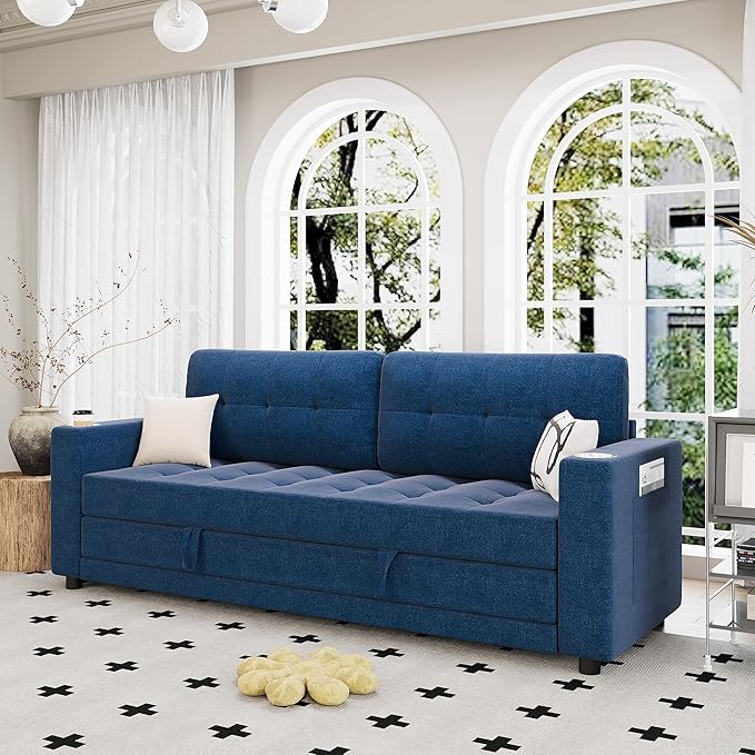 Upgraded Queen Size Futon Sofa Bed 83 Thick Upholstery Loveseat Sleeper Sofa Pull Out Couch Convertible Floor Couch for Bedroom/Entertainment Room/Apartment (Blue)