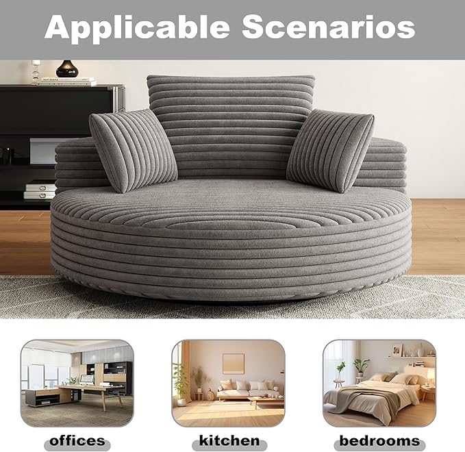KEIKI 55 Oversized 360 Degree Swivel Chair Large Barrel Chairs Upholstered Round Swivel Chair Corduroy Single Sofa Armchair Sleeper Chair for Living Room Lounge Gray