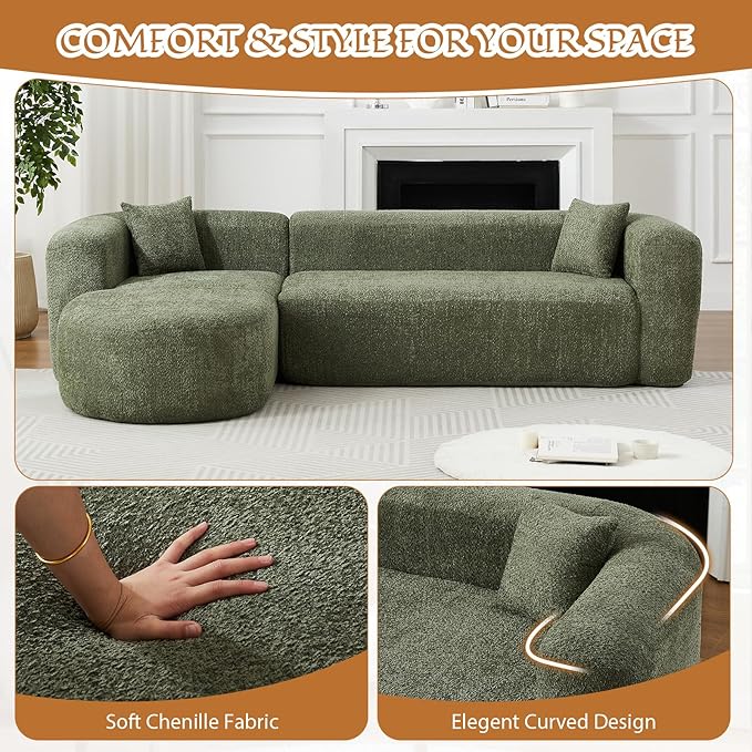Curved Sectional Sofa with Left Chaise 109 Oversized Boneless Couches L-Shape Modern Cloud Modular Couche with Deep Seat Upholstery Chenille for Living Room No Assembly Required Green