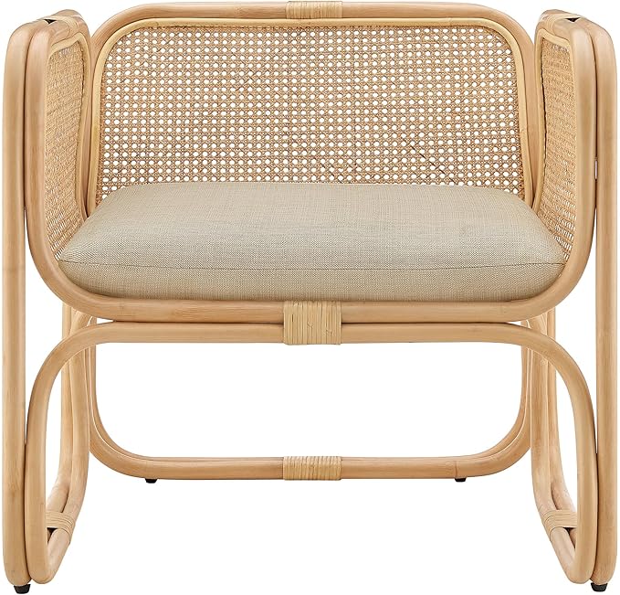 Ellis Natural Rattan Accent Armchair in Natural – Curved Low Lounge Chair with Cushioned Seat for Living Room Sunroom or Covered Patio