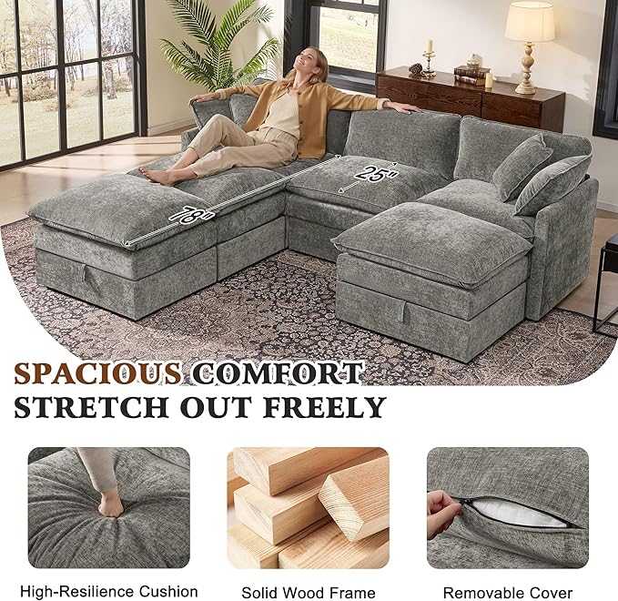 Ihanherry Oversized Sectional Sofa Bed with Storage 103 6-Seater Modular Cloud Couch with Movable Ottomans Chenille Deep Seat Sleeper Couches for Living Room (Grey)