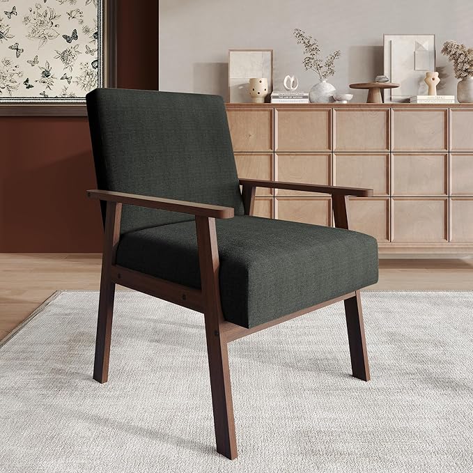 Mid-Century Modern Accent Chair Linen Upholstery Wooden Armrests Cushioned Seat Easy Assembly Charcoal Grey