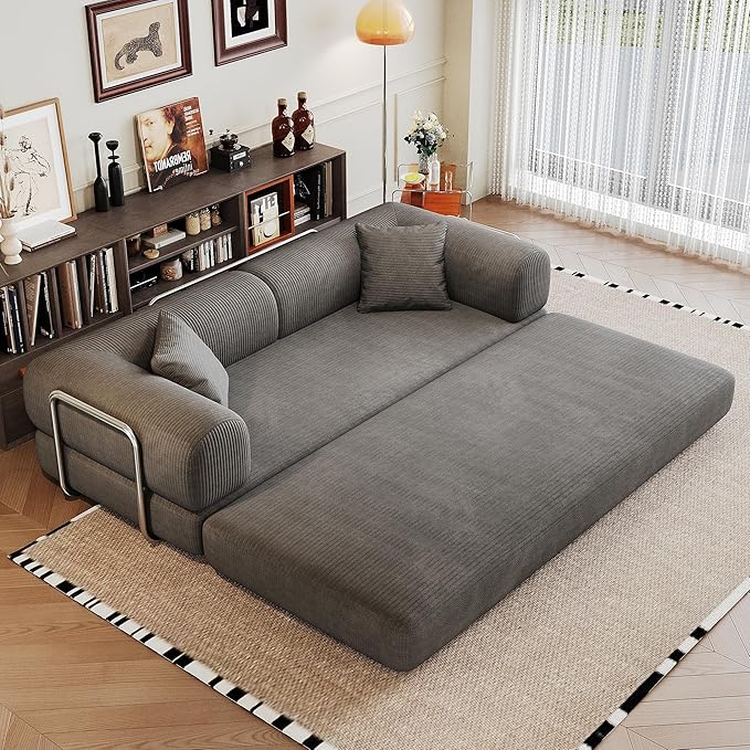 79 Convertible Floor Sofa Bed Modern King Sleeper Folding Mattress Couch with Pillows Corduroy Boneless Sectional Sofa Couch for Living Room Game Room Grey
