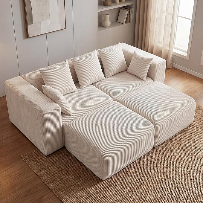Redlife 117 Modular Sectional Sofa with Ottoman L Shaped Modular Couch Large Sectional Couches Corduroy Combination Sofas for Living Room Apartment Bedroom No Assembly Required Beige