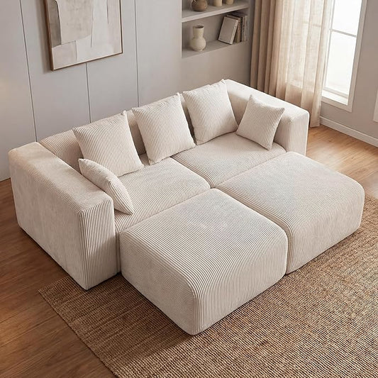 Redlife 117 Modular Sectional Sofa with Ottoman L Shaped Modular Couch Large Sectional Couches Corduroy Combination Sofas for Living Room Apartment Bedroom No Assembly Required Beige
