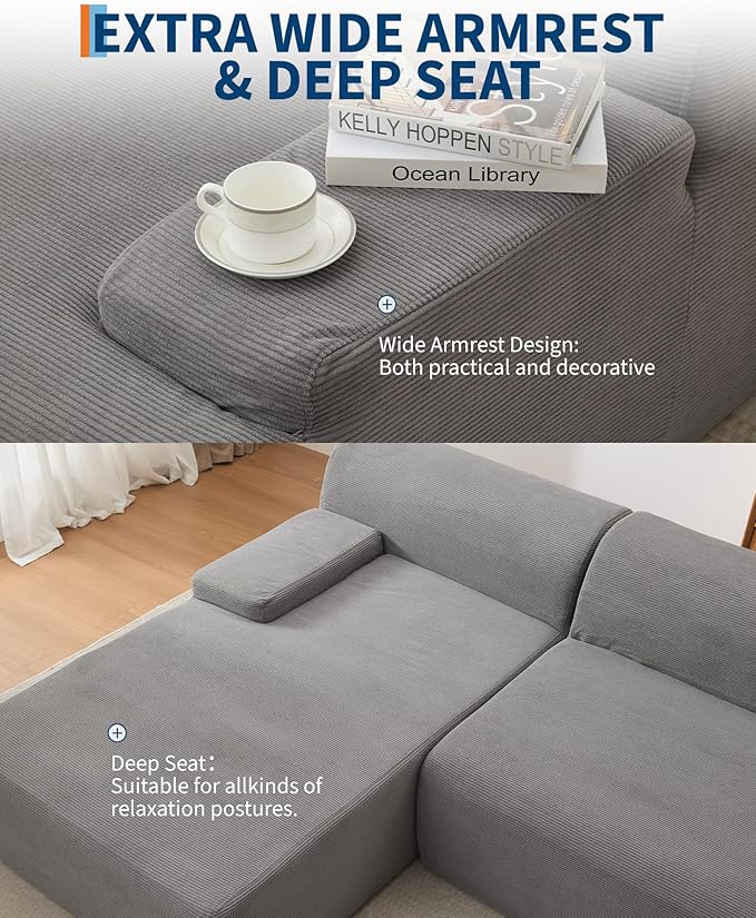 Garvee 108'' Modular Sectional Sofa Left Facing Chaise L-Shaped Boneless Couch Ultra Deep Seat Modern Sectional Sofa for Living Room 5mm Wale Corduroy Fabric Gary