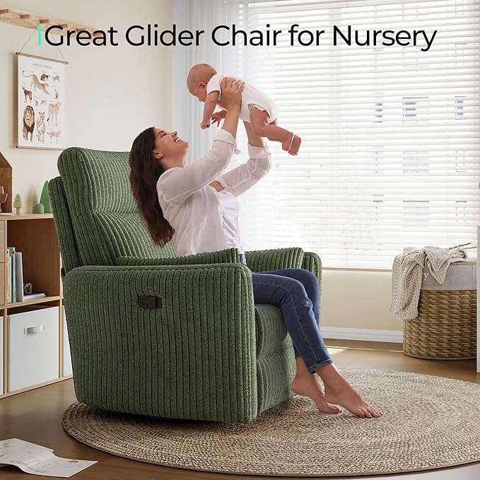 LINSY 360 Swivel Recliner Chair Nursery Glider Rocking Chair with 2 Pillows Corduroy Nursing Chair Comfy High Back Adult Rocker Recliner for Small Spaces Nursery Bedroom Living Room (Green)