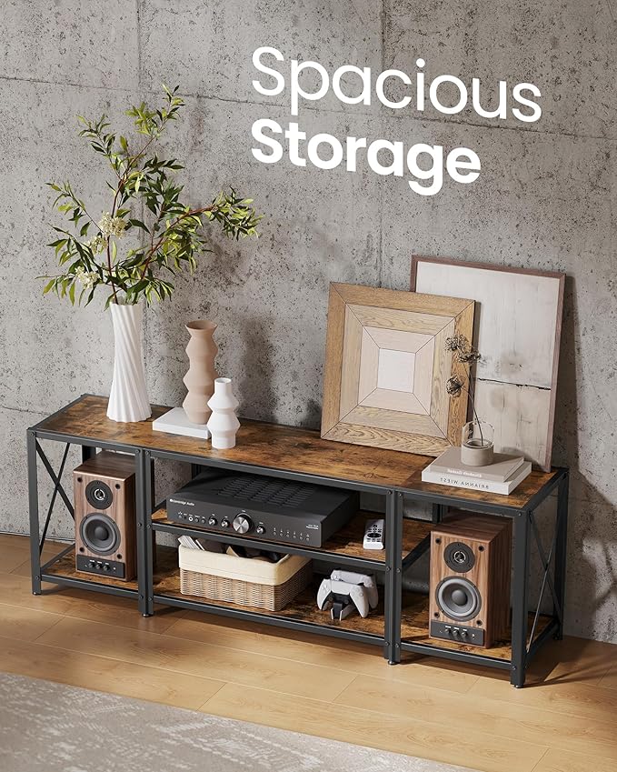 VASAGLE TV Stand with Power Outlets and LED Lights for TVs up to 60 Inches Entertainment Center with Open Storage Shelves TV Console Table for Living Room Rustic Brown and Ink Black ULTV121K01