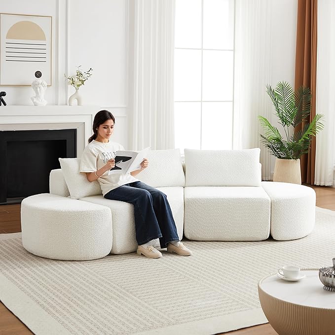 106“ Boneless Chenille V-Shaped Modular Sofa Set Three Throw Pillows 3-Seater Sofa Two Curved Ottomans Combination Couch for Living Rooms (Beige 106 Left Chaise)