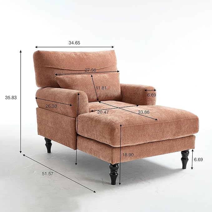 KEIKI Chaise Lounge Chair Indoor Modern Leisure Sleeper Sofa Chair w/Deep Cushion Accent Upholstered Reading Side Armchair Recliner Arm Chairs for Living Room &amp Bedroom Easy Assembly Orange