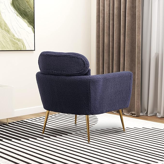 29.5 W Modern Boucle Accent Chair Armchair Upholstered Reading Chair Single Sofa Leisure Club Chair with Gold Metal Leg and Throw Pillow for Living Room Bedroom Dorm Room Office Navy Boucle