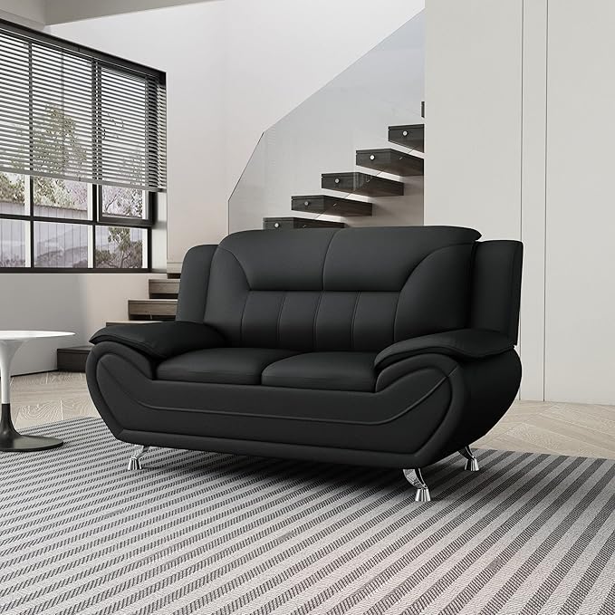 Michael Modern Faux Leather Upholstered Stainless Steel Legs Living Room Loveseat Midnight Black