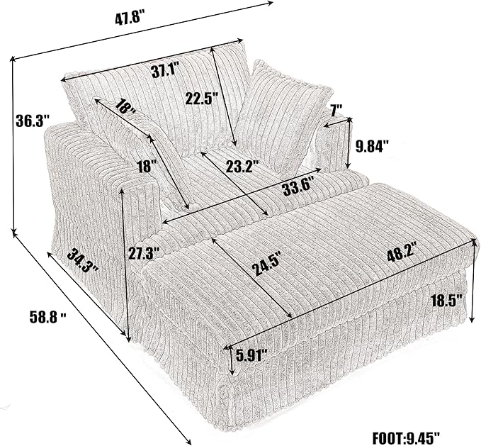 Eafurn Corduroy Accent Chair with Movable Ottoman 47.8 Oversized Reading Chair Lounge Armchair for Living Room Bedroom Small Space Modern Single Sofa Couch