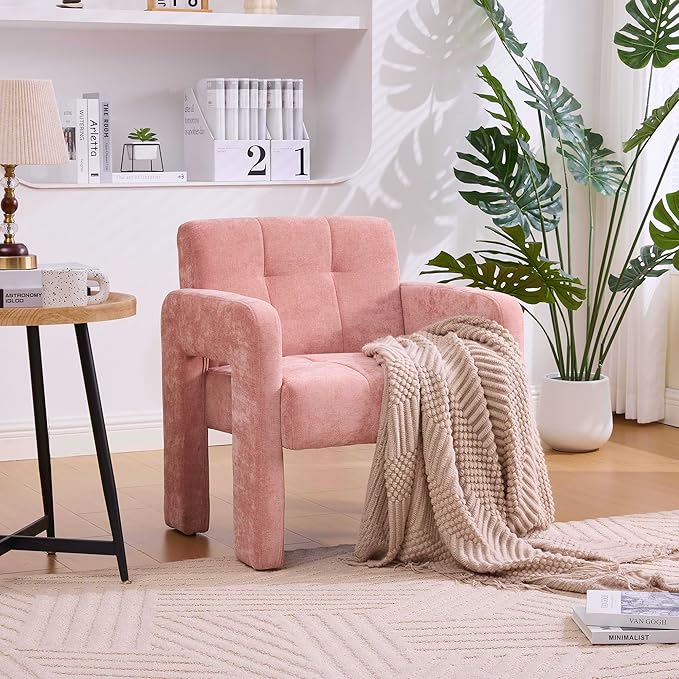 Classic Chenille Conversation ChairModern Minimalist ArmchairElegant Comfortable Accent Chair for Living RoomBedroomStudyOfficePink