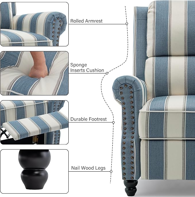 Recliner Chair Modern Pushback Armchair with Adjustable Backrest &amp Footrest for Bedroom Living Room (Navy Blue StripeSet of 1)