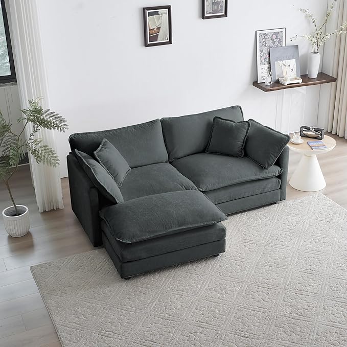 Deep Seat Cloud Loveseat Sofa Sectional Couch with Movable Ottoman 2 Seater Oversized L Shaped Corner Sofa Couches Comfy Chenille Love Seat for Living Room Bedroom Apartment Office
