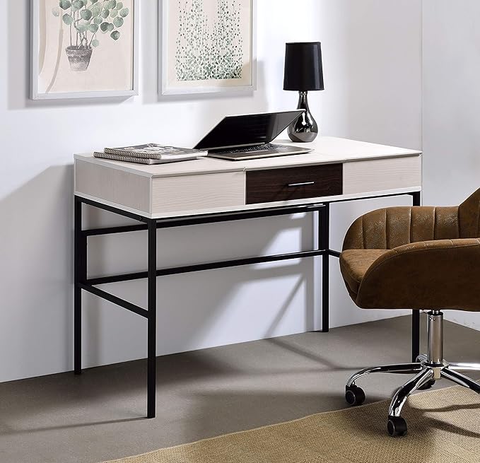 Natural &amp Black Writing Desk with USB Port - Contemporary Home Office Design