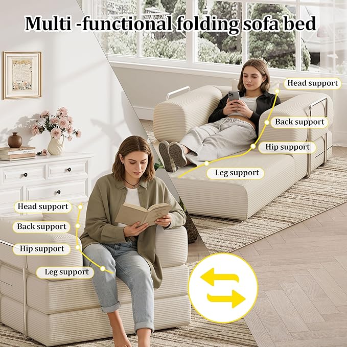Folding Sofa Bed 2 in 1 Convertible Sofas to Lounger Comfy Single Bean Bag Chair Floor Portable Foldable Sleeper Lazy Futon Couch Chair for Bedroom Living Room (Beige 35.43 Single Sofa)