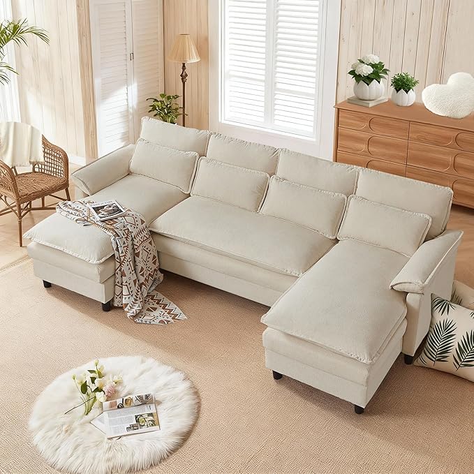 105 U Shaped Cloud Couch Sectional 4 Seat Home Sofa Living Room Comfy Couches with Storage Ottoman Double Layer Cushion Modular Sofas for Bedroom Apartment and Office Beige