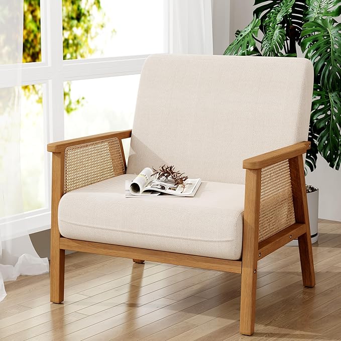 ALISH Mid-Century Modern Accent Chairs Upholstered Living Room Chairs Armchairs with Rattan Arms and Wooden Legs for Living Room Bedroom (Beige Set of 2)