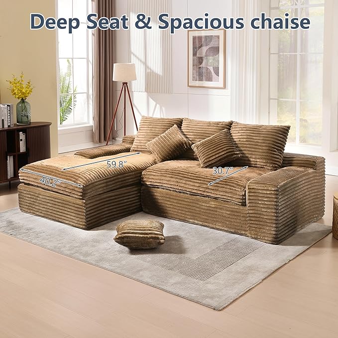 KIVENJAJA 98.8'' Small L-Shaped Sectional Couch with Chaise Fluffy Corduroy Cloud Couches Compression Boneless Sofa for Home Living Room Apartment Office No Assembly Required Brown