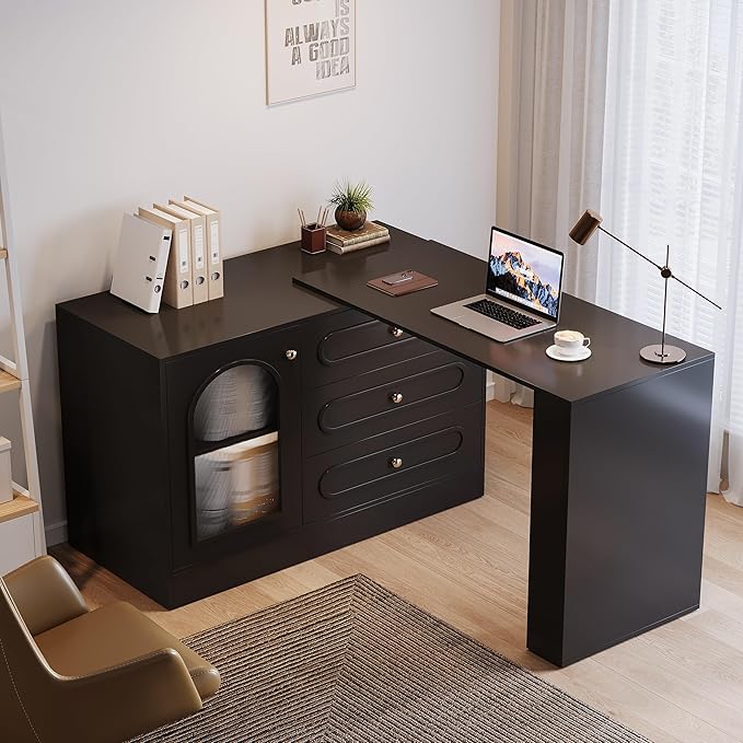 Tribesigns 78 L Shaped Computer Desk with 3 Drawers Reversible Corner Desk with Cabinet for Small Space L Shape Desk with Storage for Writing Study Work Executive (Black)