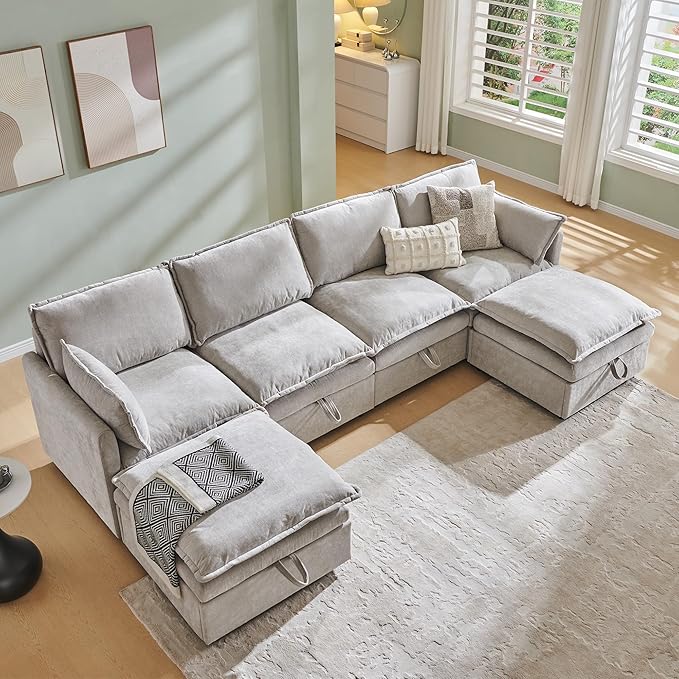 112.6 Sectional Couches for Living Room Cloud Couch Sectional with Large Storage U-Shape Modular Sectional Sofa with Ottoman 6 Seater Chenille Sofa with Pillow for Apartment Bedroom Light Gery