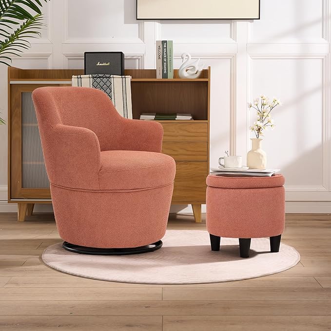 Swivel Accent Chair with Ottoman Fabric Small Barrel Chair with Footstool Modern Round Bedroom Chair for Living Room Orange