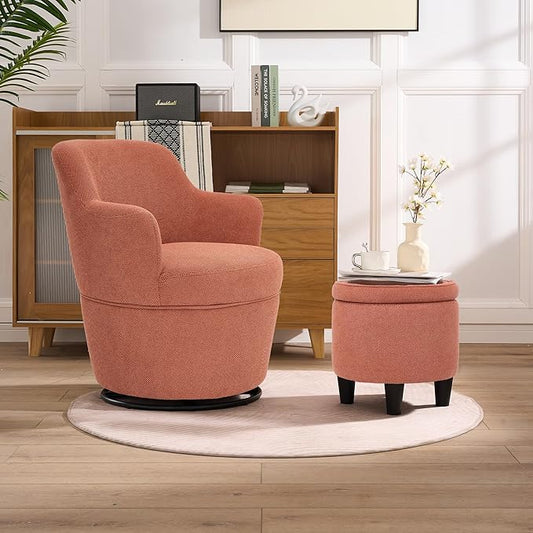 Swivel Accent Chair with Ottoman Fabric Small Barrel Chair with Footstool Modern Round Bedroom Chair for Living Room Orange