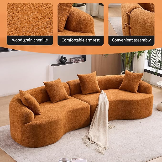 Modern Curved Boneless Sofa 110 Compression Modular Chenille High-Density Sponge Sectional Couch with 4 Seats No Assembly Required Lounge Sleeper Sofa for Living Room Apartment (Orange)